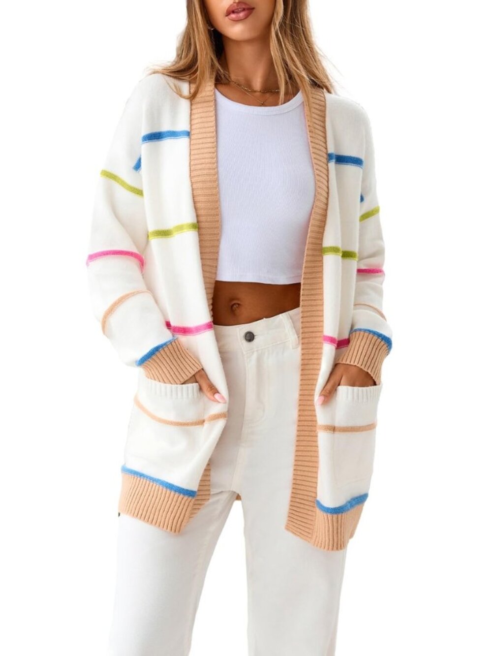 Open Front Striped Cardigan Sweaters for Women